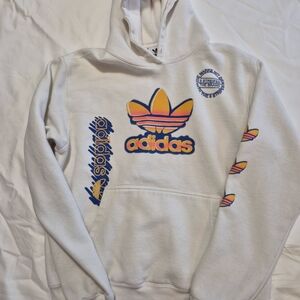 Adidas Trefoil Pullover Hoodie in White with Orange & Blue Graphics